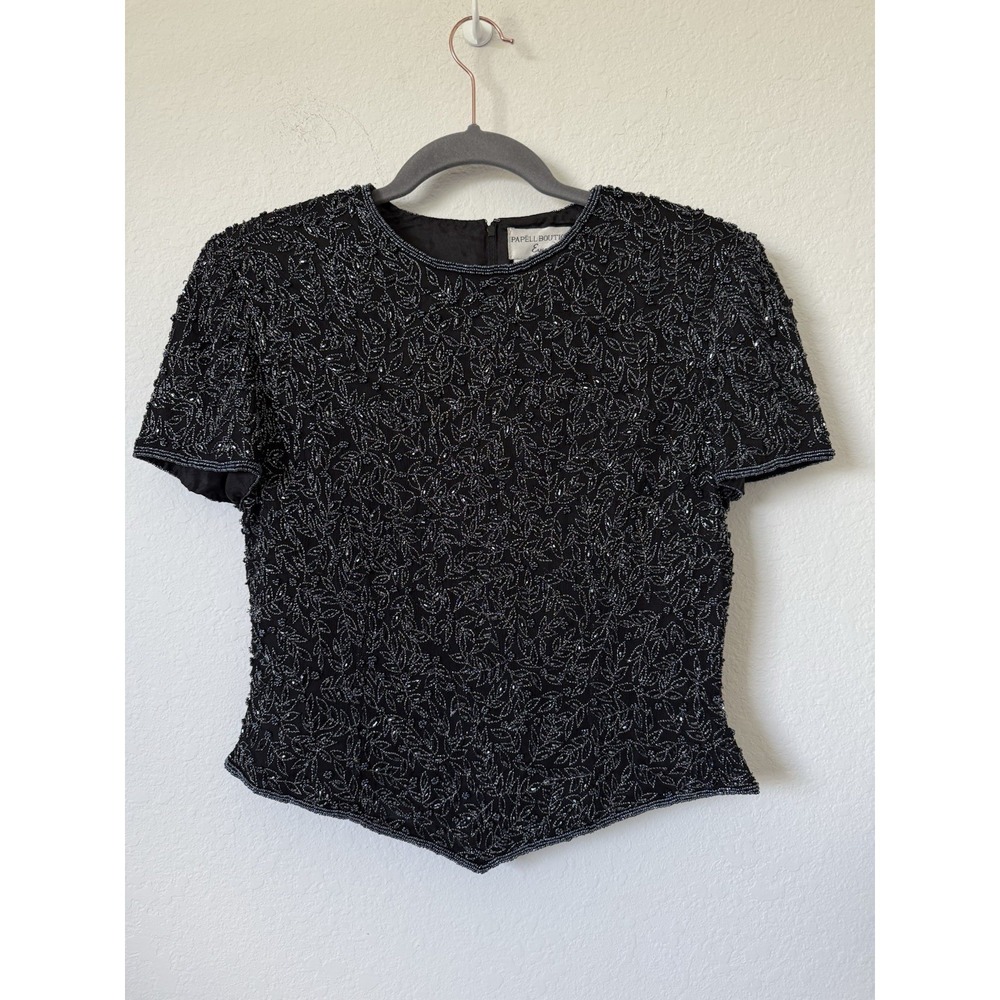 Vintage Papell Boutique Evening Black Silk‎ Blouse Top Beading Small Wedding